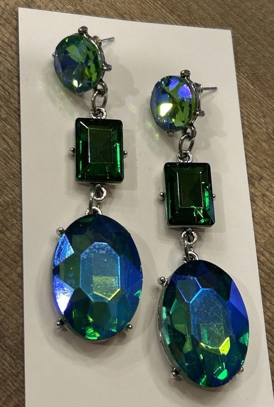 Stunning “Mermaid Dreams” Iridescent Green & Blue Dangle Rhinestone Earrings New