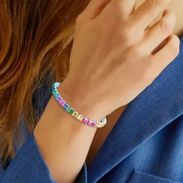 15Ct Asscher Cut Paved Lab Created Rainbow Womens Bracelet 14K White Gold Plated