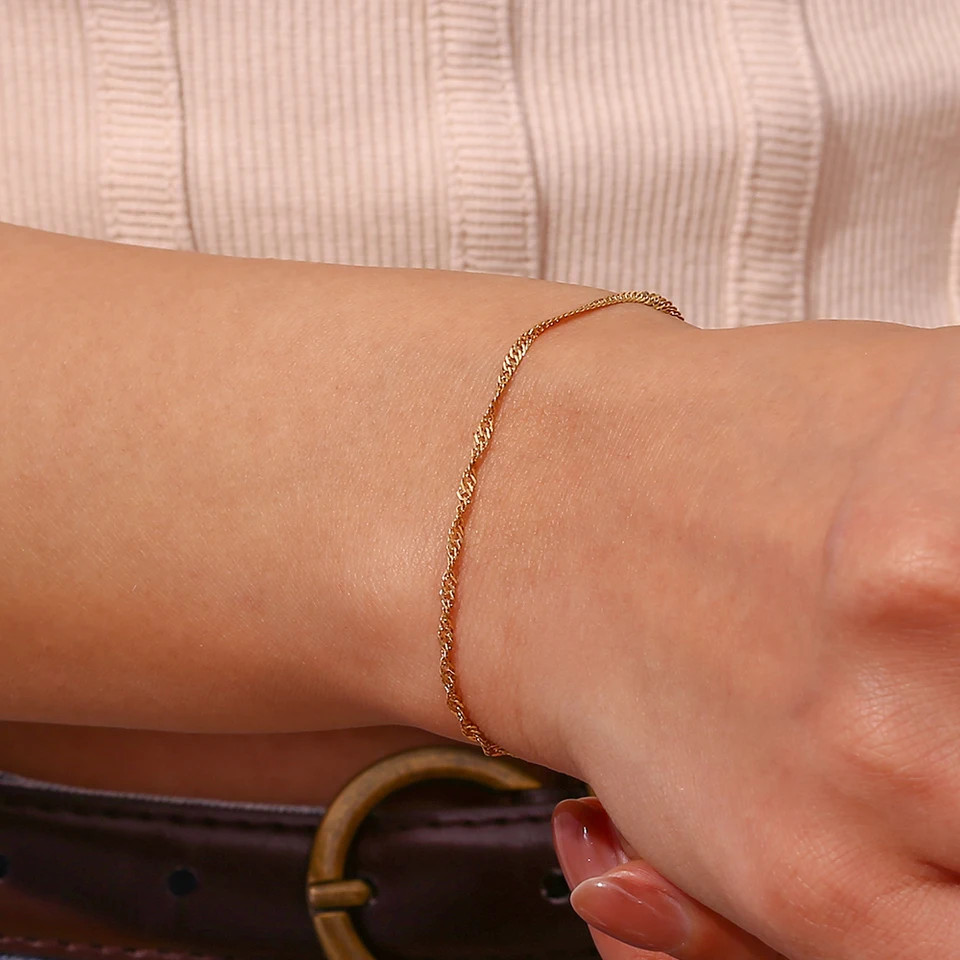Gold Plated Bracelet Water Wave Stainless Steel Chain Polished Finish Jewelry