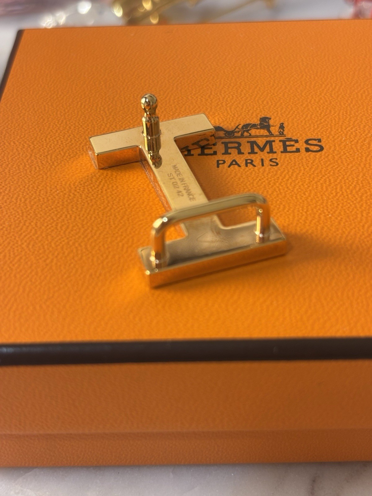 Hermes Signed H Logo Belt Buckle 1.5cm Gold Tone White Enamel w/ Box Made France