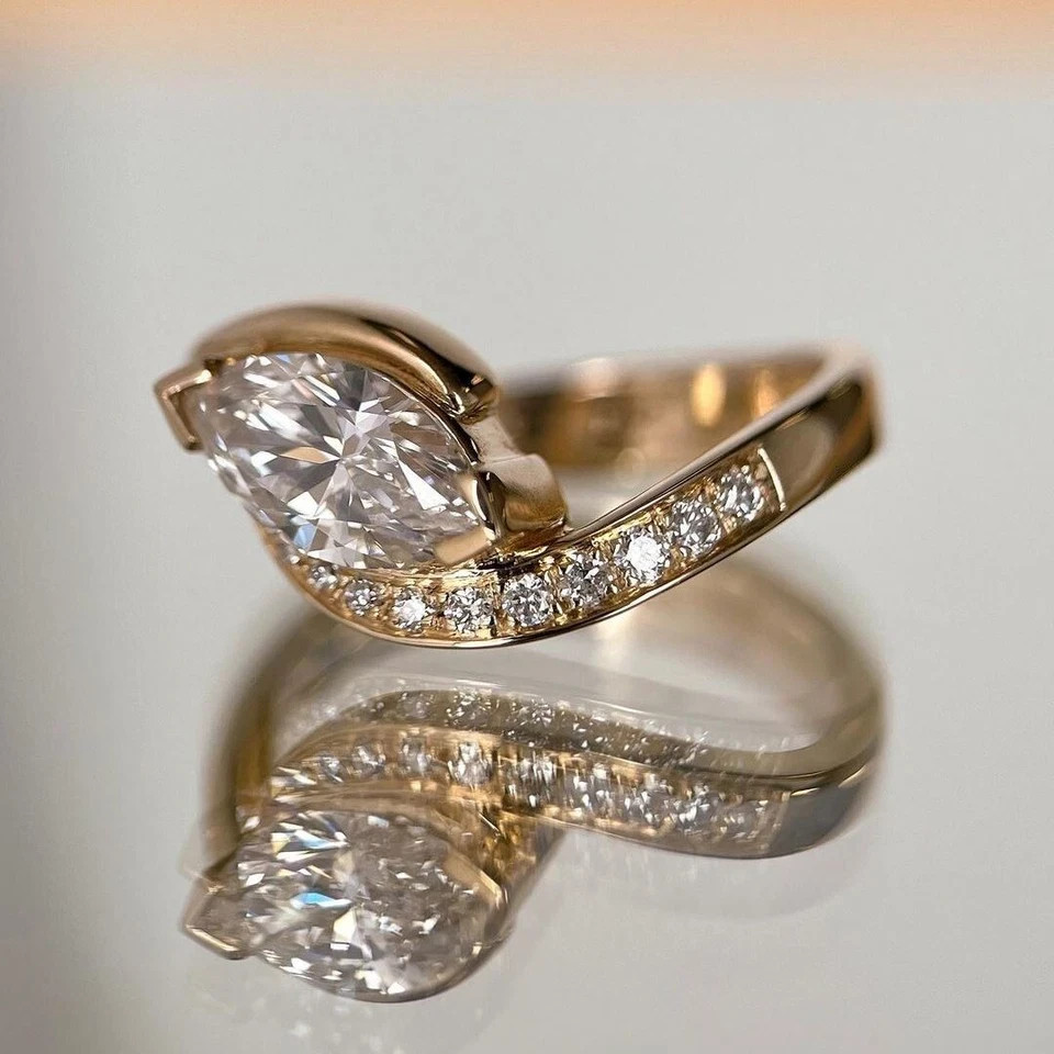 Halo 2 Ct Marquise 14k Yellow Gold Diamond Ring Lab Grown IGI Certified VVS E F