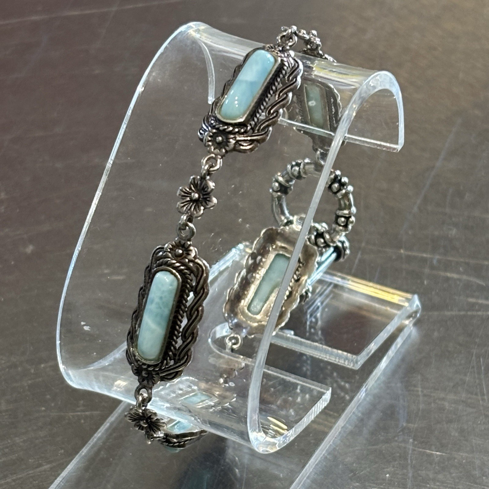 Vtg CJ Thailand 925 Sterling Larimar Bracelet – 5 AA Grade 15mm Stones 15.7g