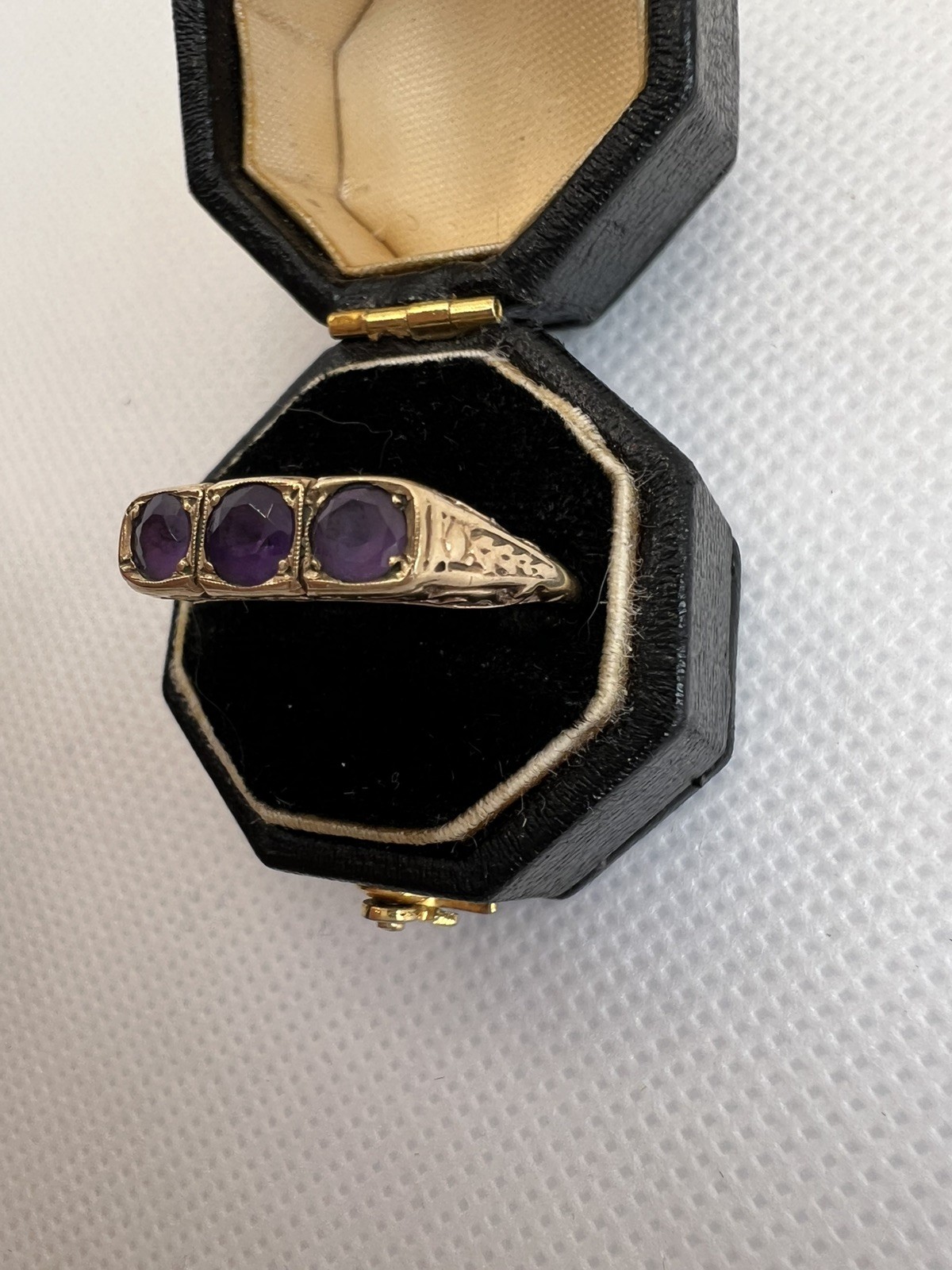 Vintage 9ct Gold Natural Amethyst Trilogy Half Hoop Ring Pierced Gallery; M 1/2