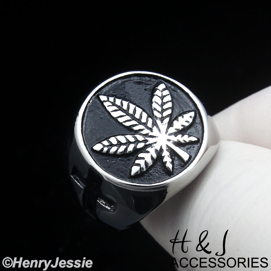 Stainless Steel Black/Silver/Gold Plated Marijuana Leaf Cross 3D Round Ring*R150