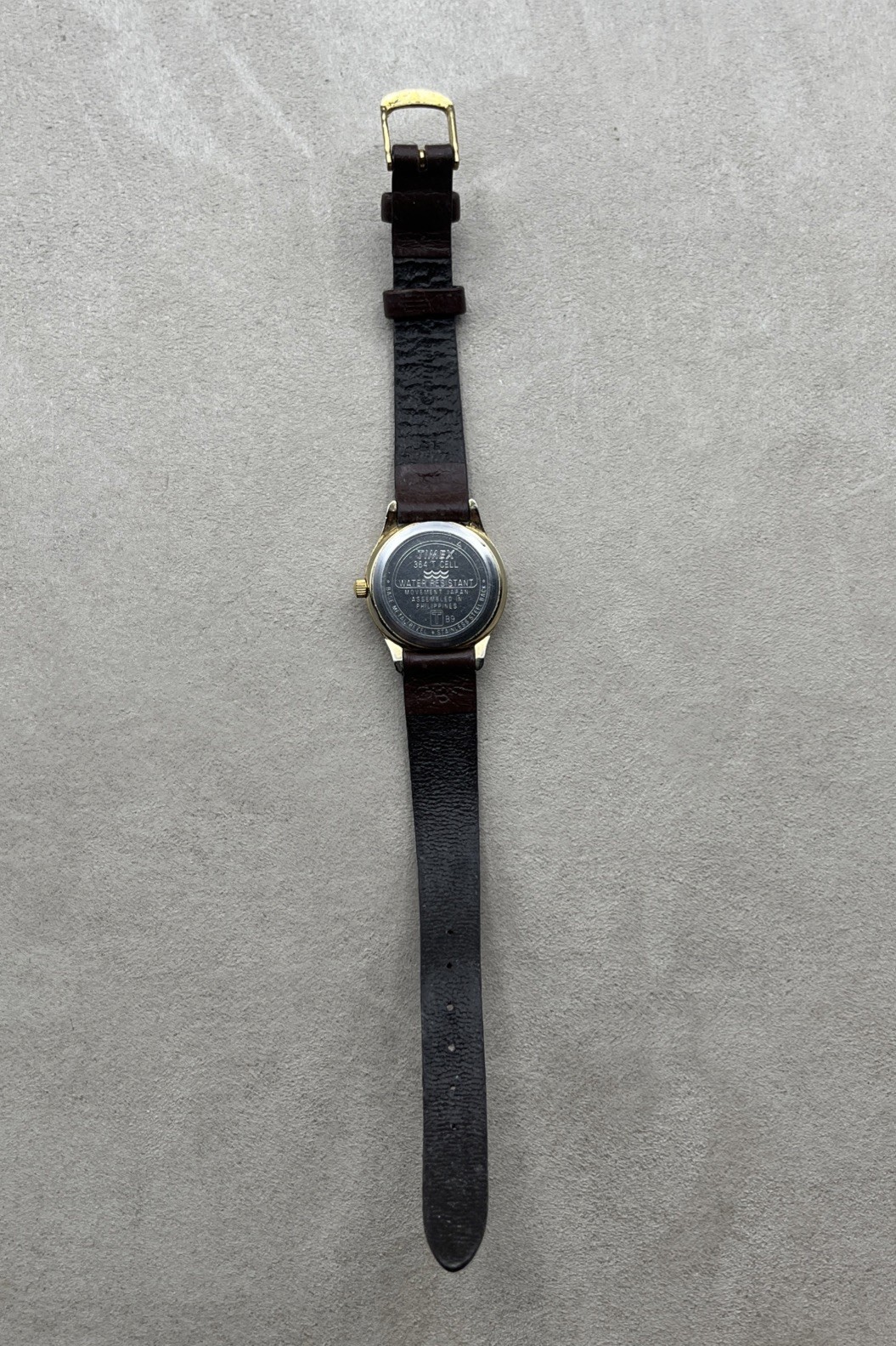Timex 364 T Cell Moon Phase Quartz Wristwatch Gold Tone Brown Leather Band