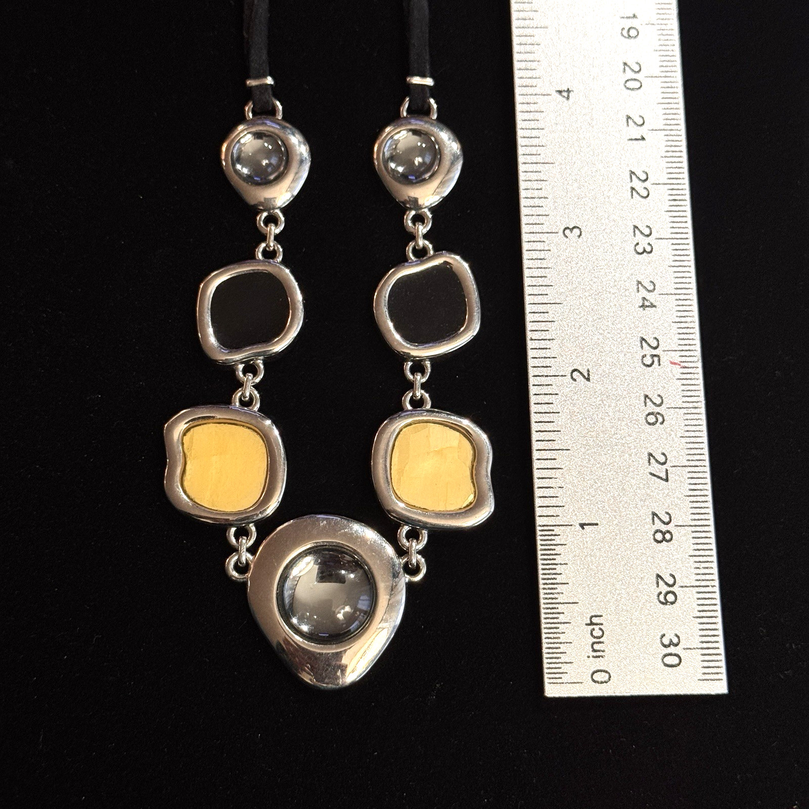 LIA SOPHIA ‘Milky Way’ Black Yellow Gray Enamel & Glass Silver Tone Necklace
