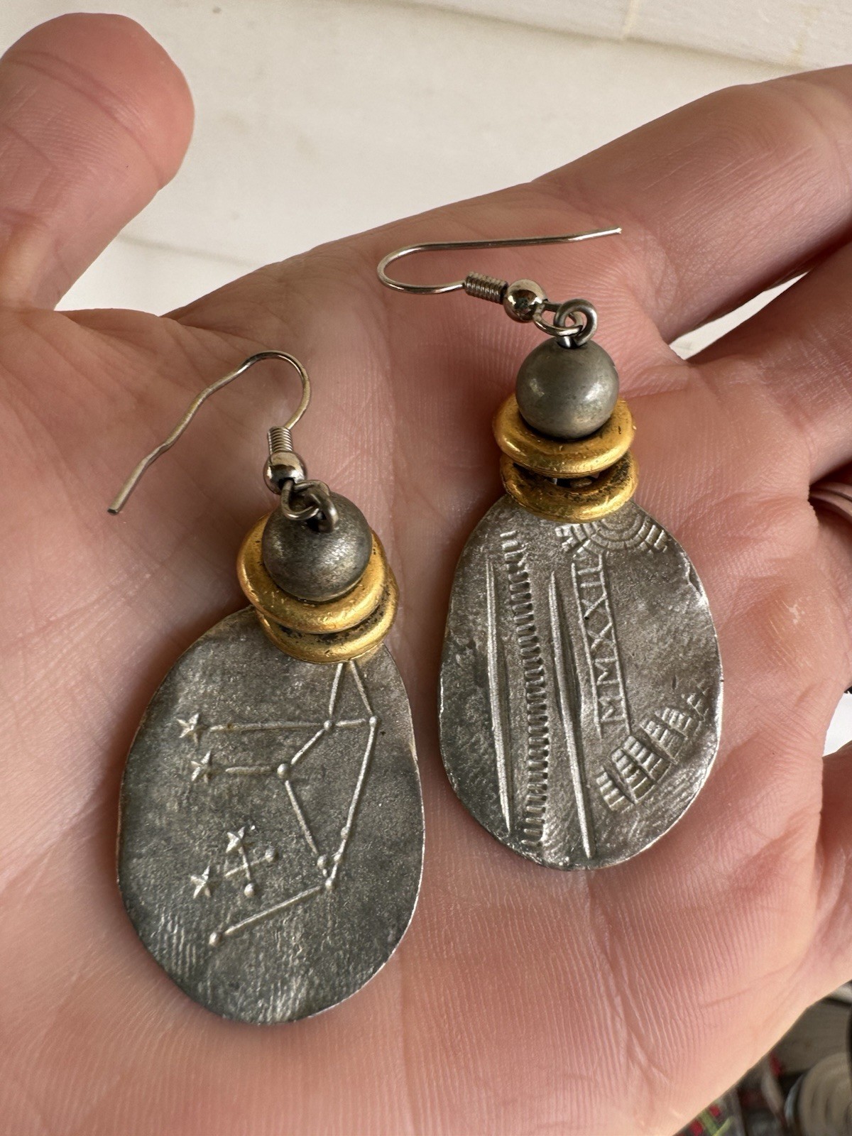 Constellation Astrology Silver Tone Artisan Dangle Earrings Metal & Bead Pierced