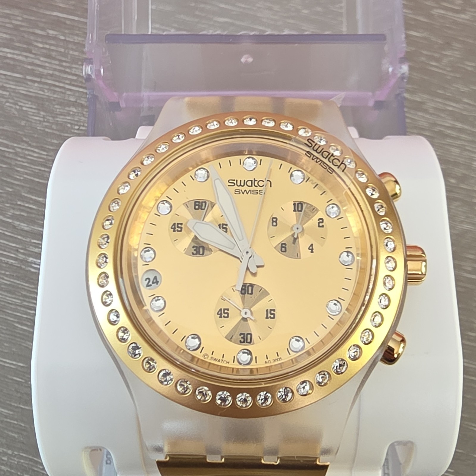 Swatch Chronograph Quartz Gold Dial/Case 40-43.9mm Clear Plastic Strap