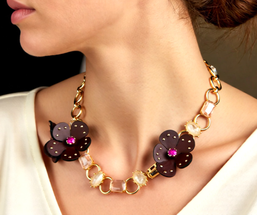 NWT Kate Spade BLOOMING BLING 12K Gold Plated Stone/Leather Flower Necklace-$128