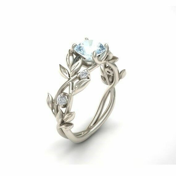 Men Women Elegant Leaves Ring 2.1Ct Aquamarine Wedding Size 6-10