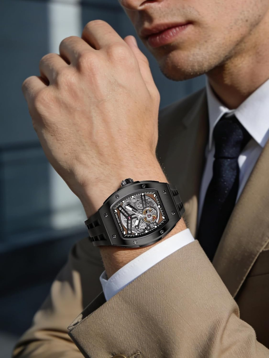 Luxury Skeleton Automatic Men’s Watch – 50M Waterproof Tonneau Dial
