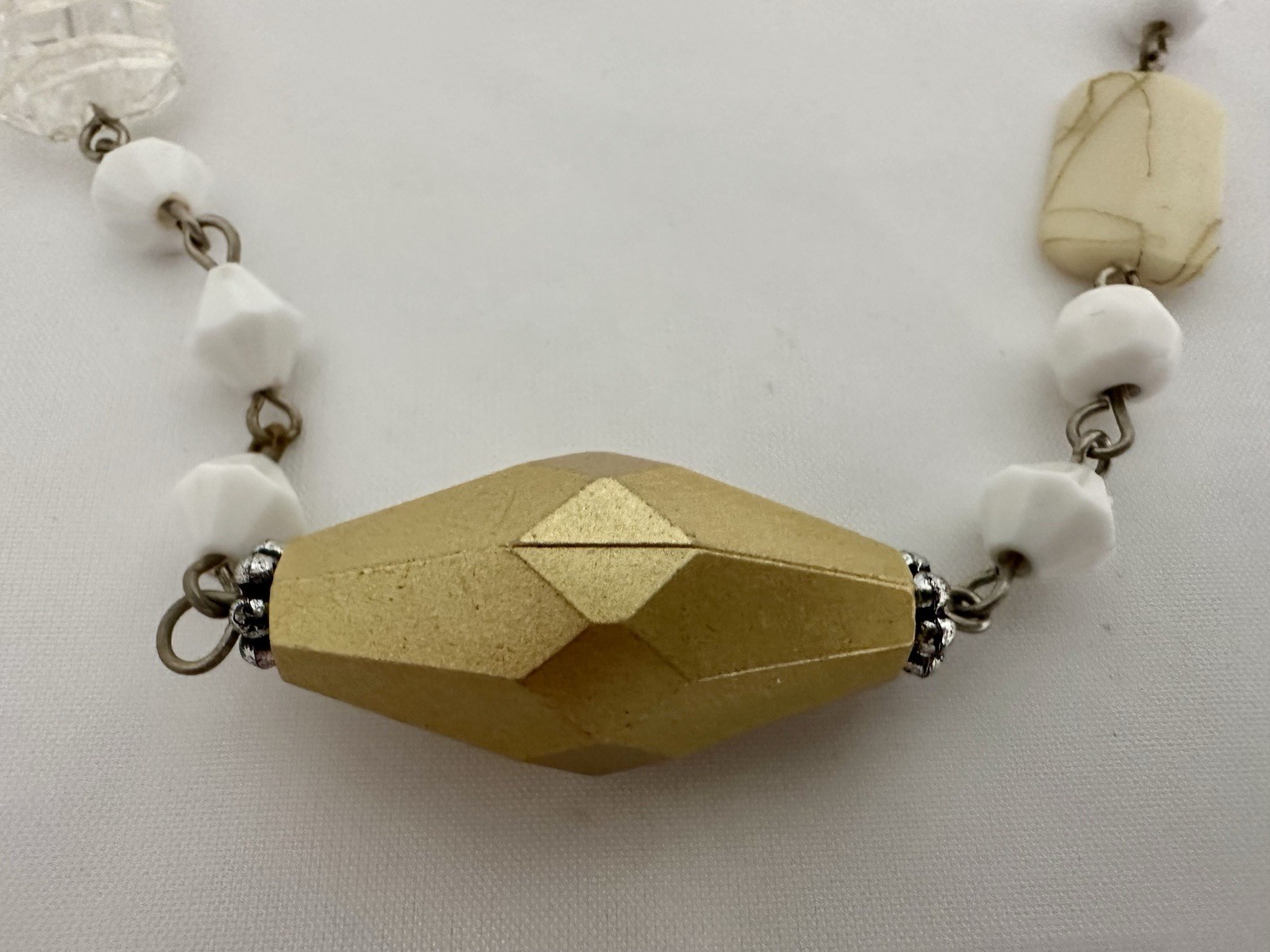 Artisan Handmade Mixed Bead Statement Necklace White Gold Bronze Boho 28”