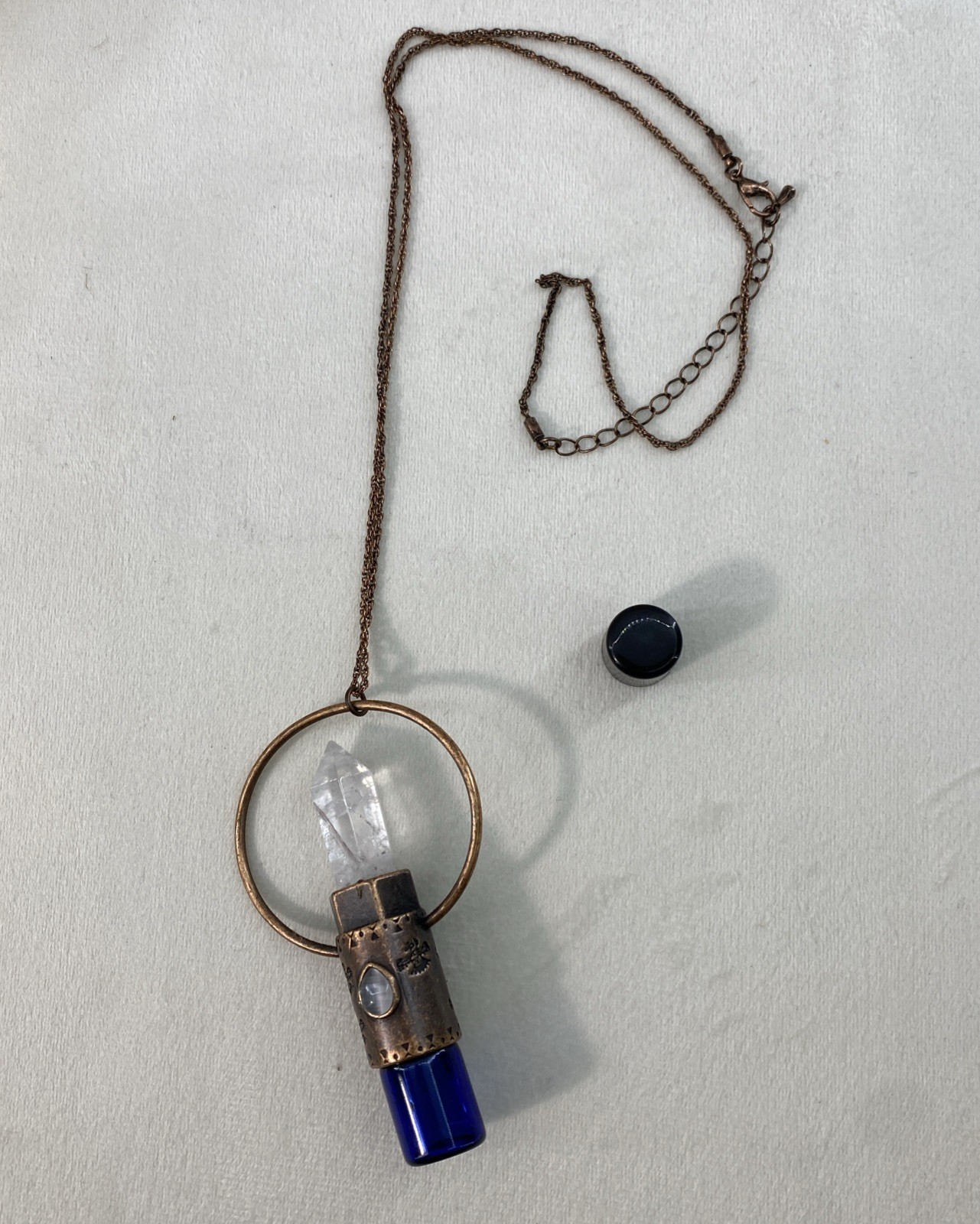 Quartz Crystal Copper Aztec Eagle Necklace 10-13” Essential Oil Rollerball Vial