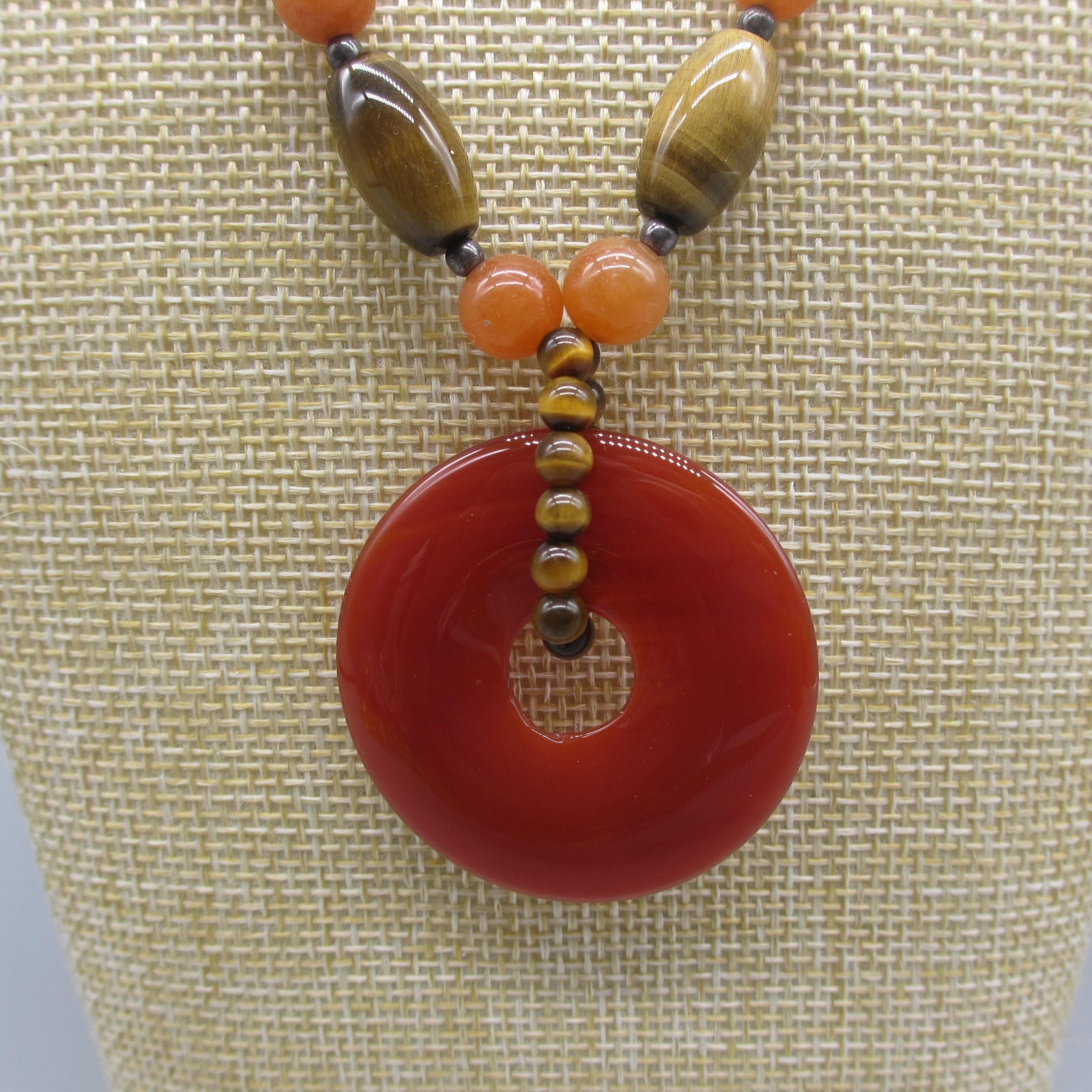Vintage Boho Necklace Beaded Orange Brown Stone Disk Pendant 20 Inch