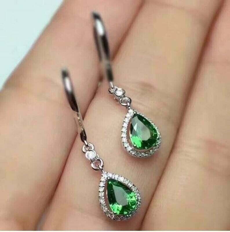 14K White Gold Plated 2Ct Pear Cut Simulated Emerald Stunning Drop Hook Earring