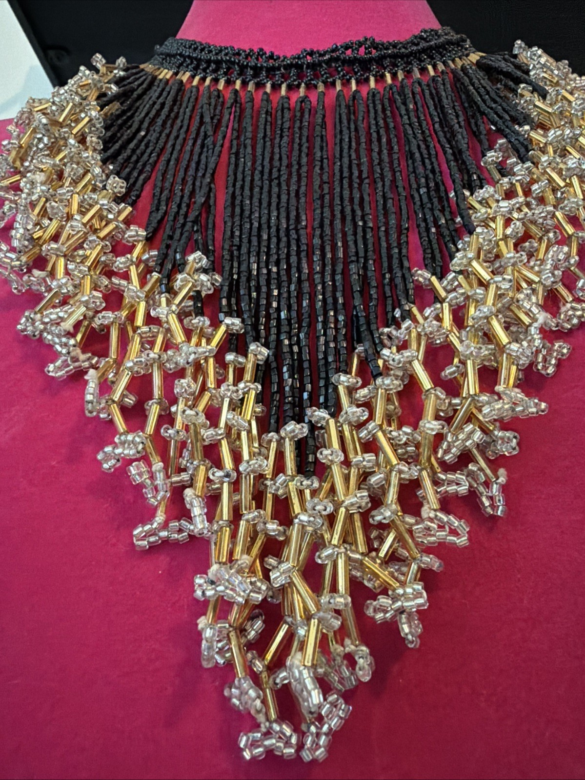 Vintage Fringe Beaded Bib Choker Collar Necklace Black & Gold 16″