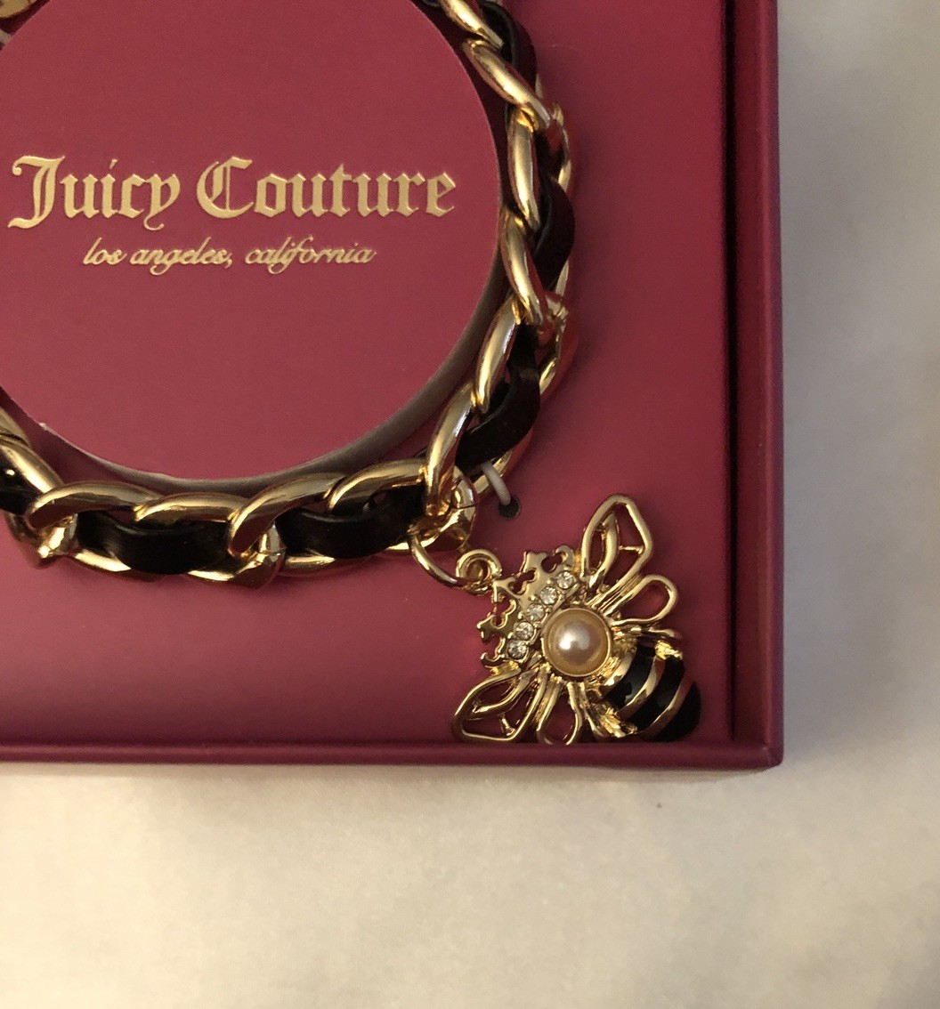 Juicy Couture Gold Tone & Woven Black Faux Leather Charm Bracelet Bee Charm NIB