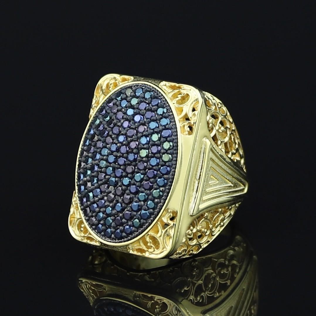 925 Men Silver Gold Black Onyx Handmade Big Ring Men Sterling Silver Ring