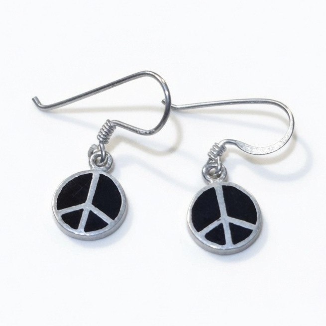 Peace Sign Round Dangle/Drop Hook Earrings 2.3 Gram 925 Silver Black 9.7mm