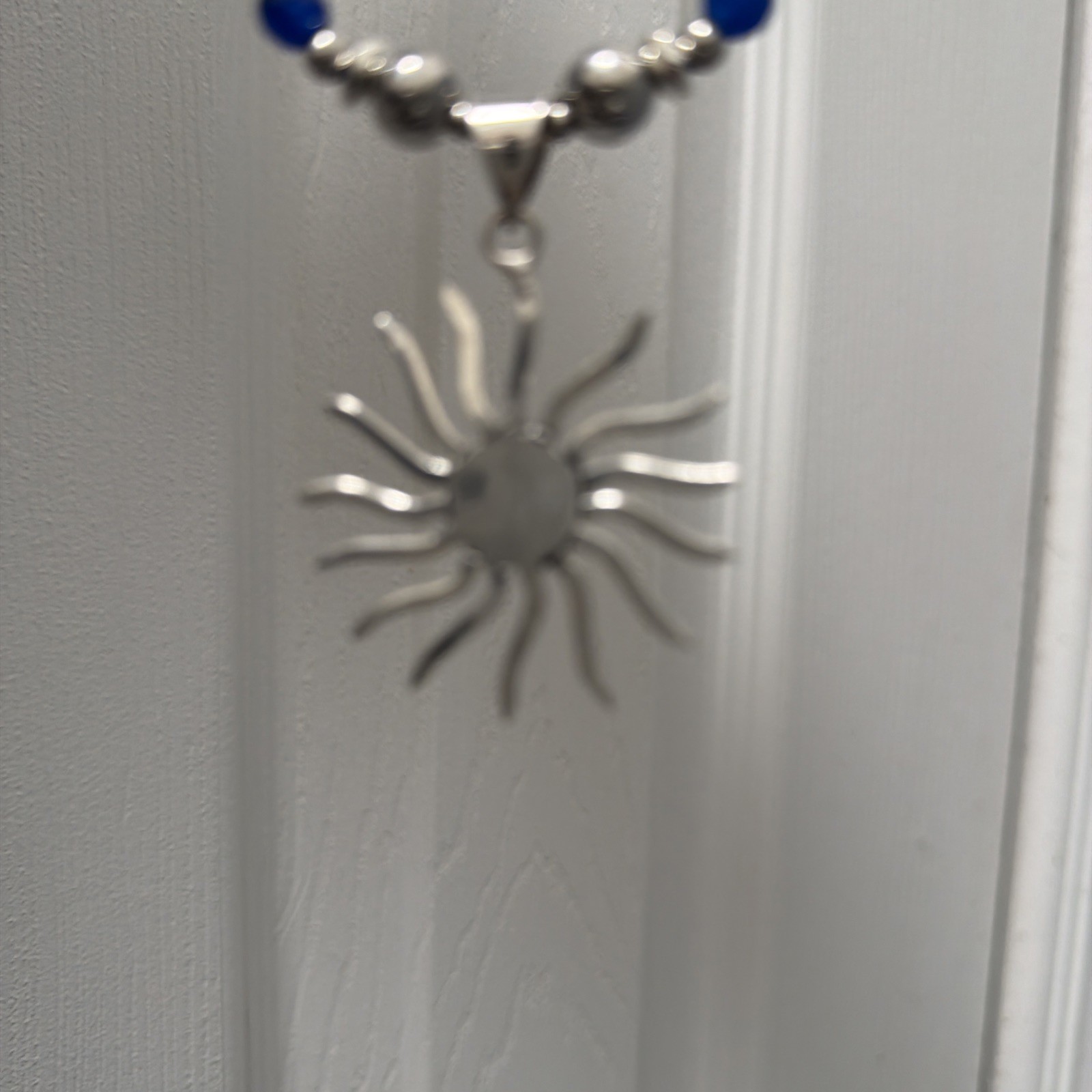 Blue Saphire Sterling Sun Pendant With Matching Bead Necklace 18-20inches
