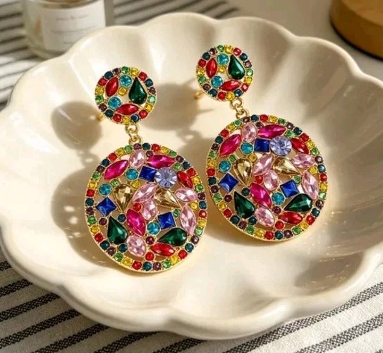 Round Cluster Earrings, Multicolor Faux Stones Of Crystals, Rinestones Gems