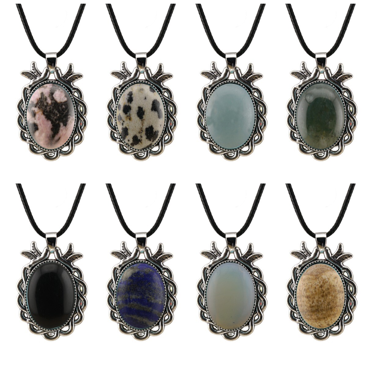 Natural Gemstone Oval Pendant with Lace and Bird Feather Wrapped Necklace