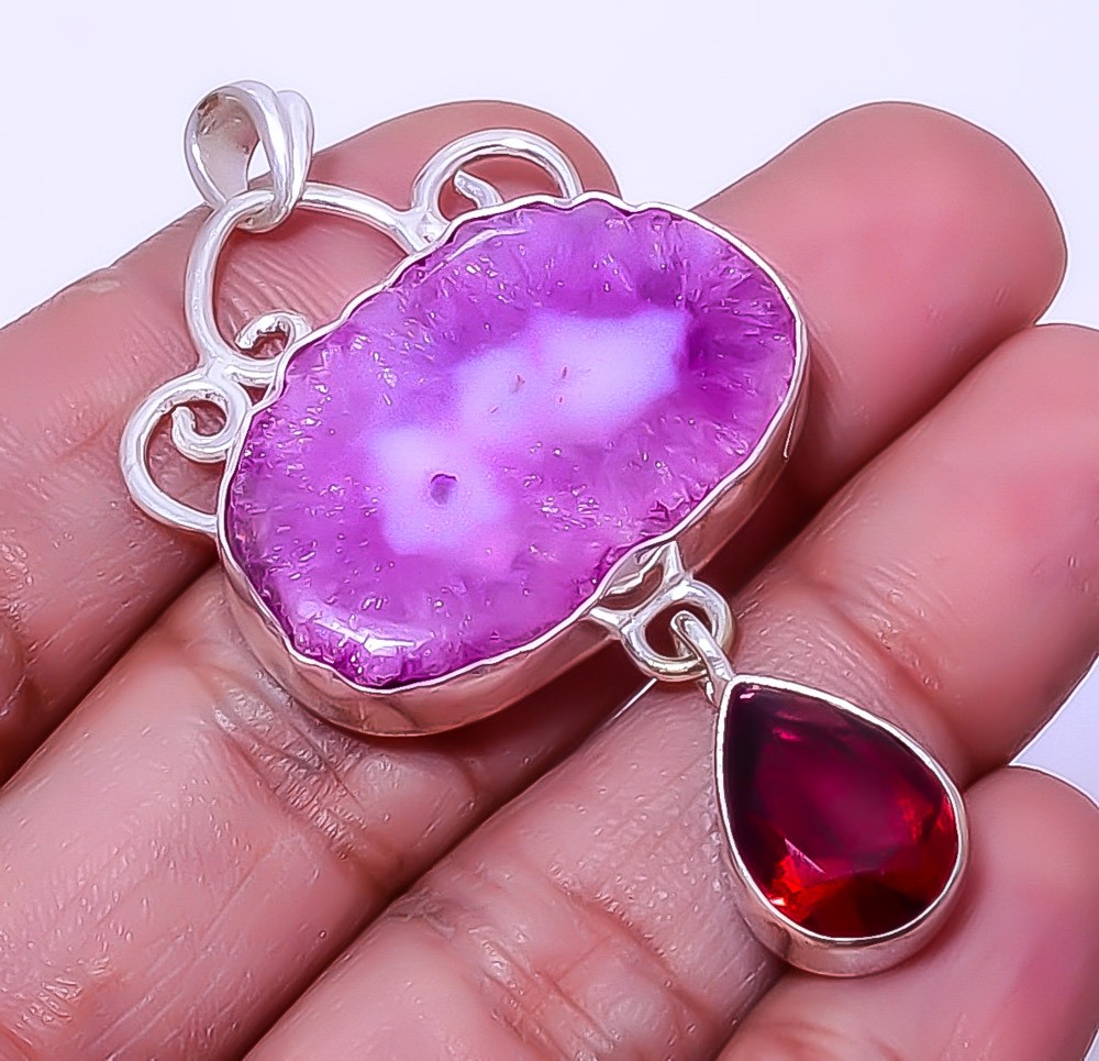 Purple Solar Quartz Eye & Tourmaline 925 Sterling Silver Pendant 2.15″ A330