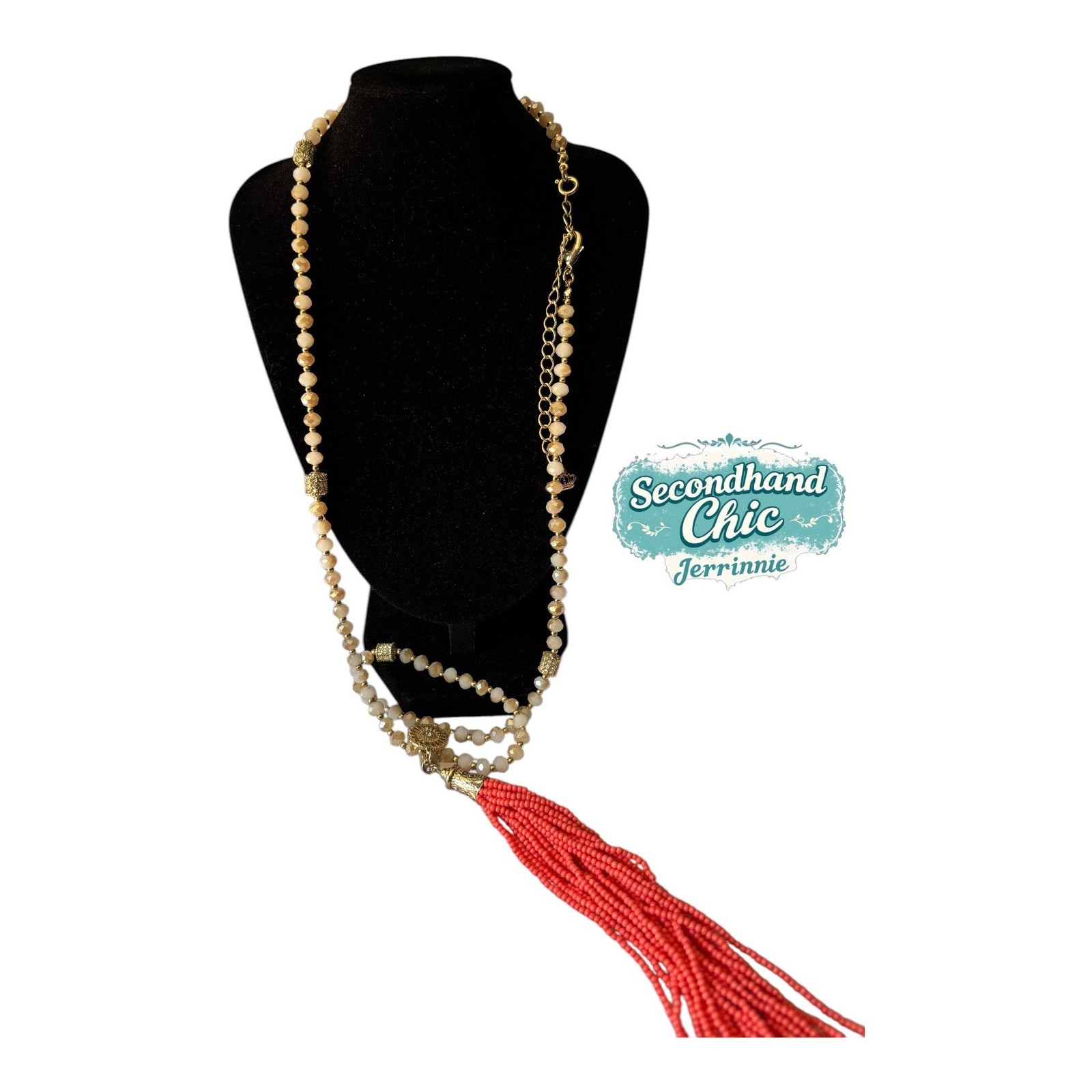 Boho Long Beaded Tassel Necklace Cream Champagne Gold
