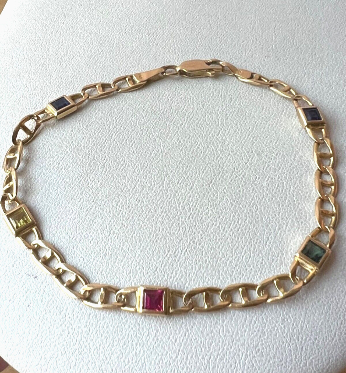 14K YELLOW GOLD MULTI GEMSTONES FIGARO BRACELET MADE IN ITALY CANDY COLORS