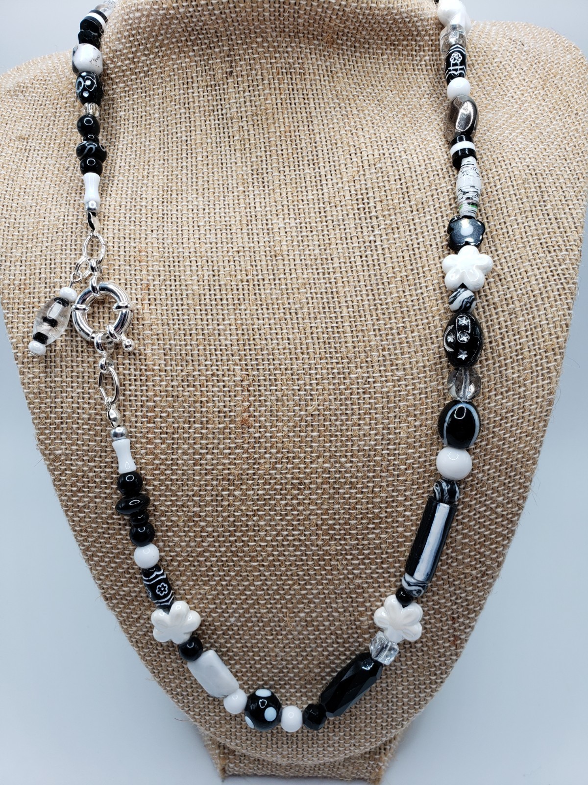 Handmade Black White Bead Necklace 21” Mixed Media OOAK Bead Soup Statement