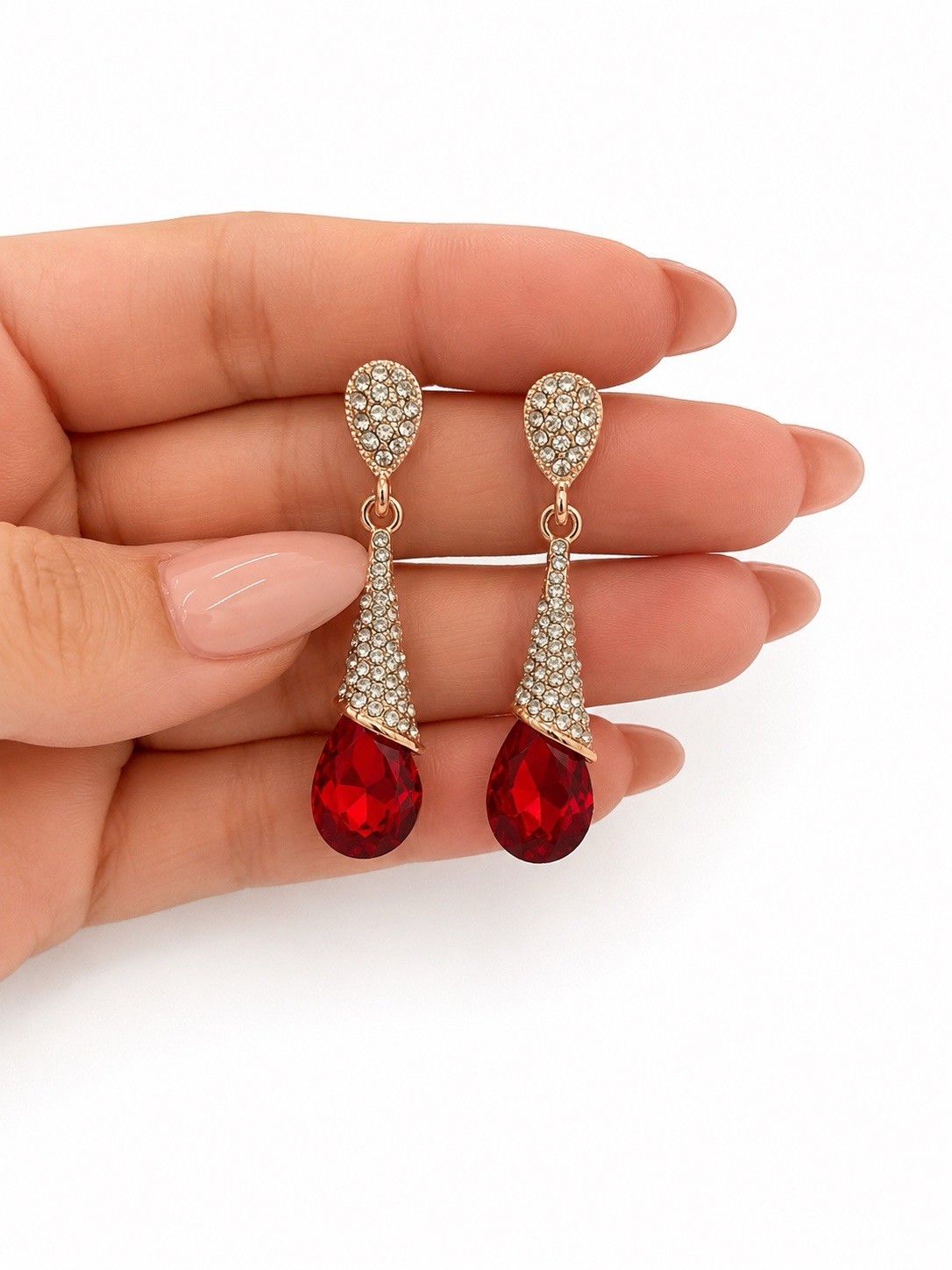 Rose Gold Red Crystal Teardrop Dangle Earrings Gift Box Included Elegant