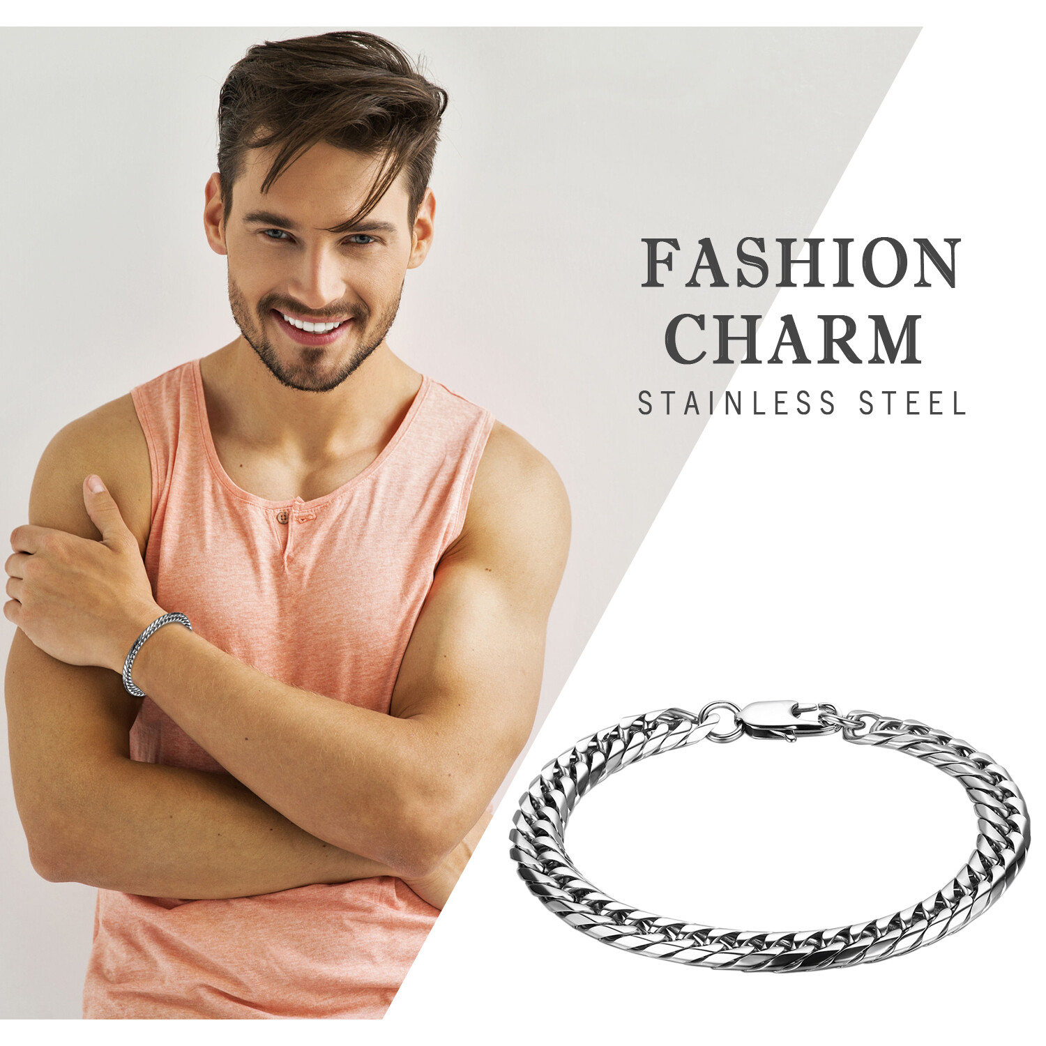 Polished Silver Stainless Steel Flat Curb Link Chain Men’s Bracelet 8.5 Inch