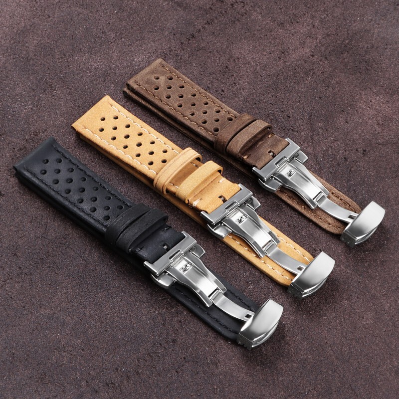 Premium Porous Breathable Leather Watch Band Strap Mens Butterfly Buckle 20 22mm