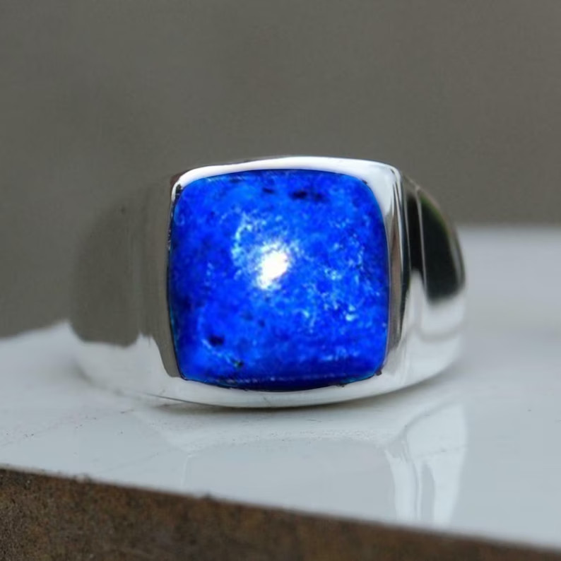 Solid 925 Sterling Silver Natural Lapis Lazuli Cushion Gemstone Gift Men’s Ring