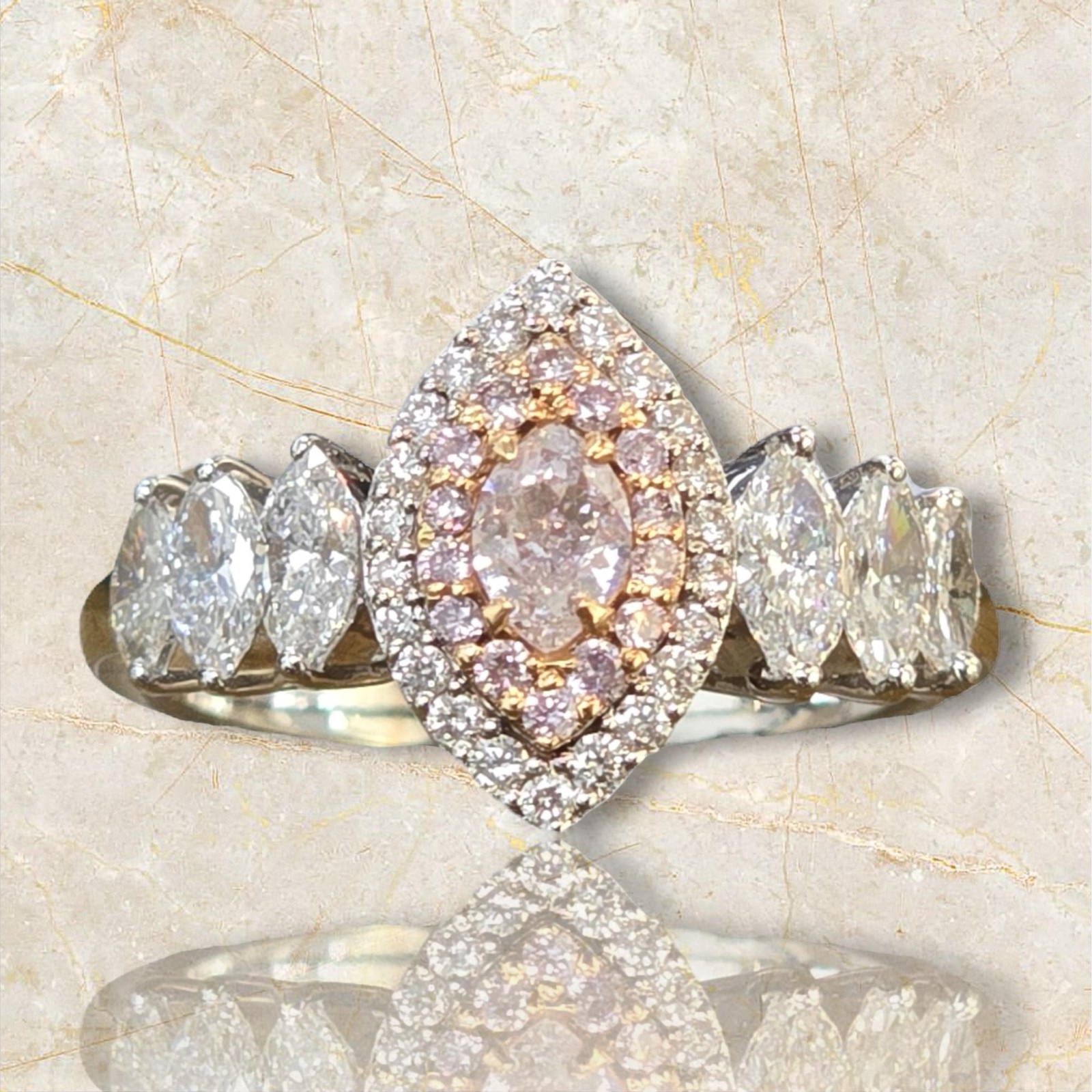 Blushing Elegance: 18K White Gold Pink Marquise Natural Diamond Ring