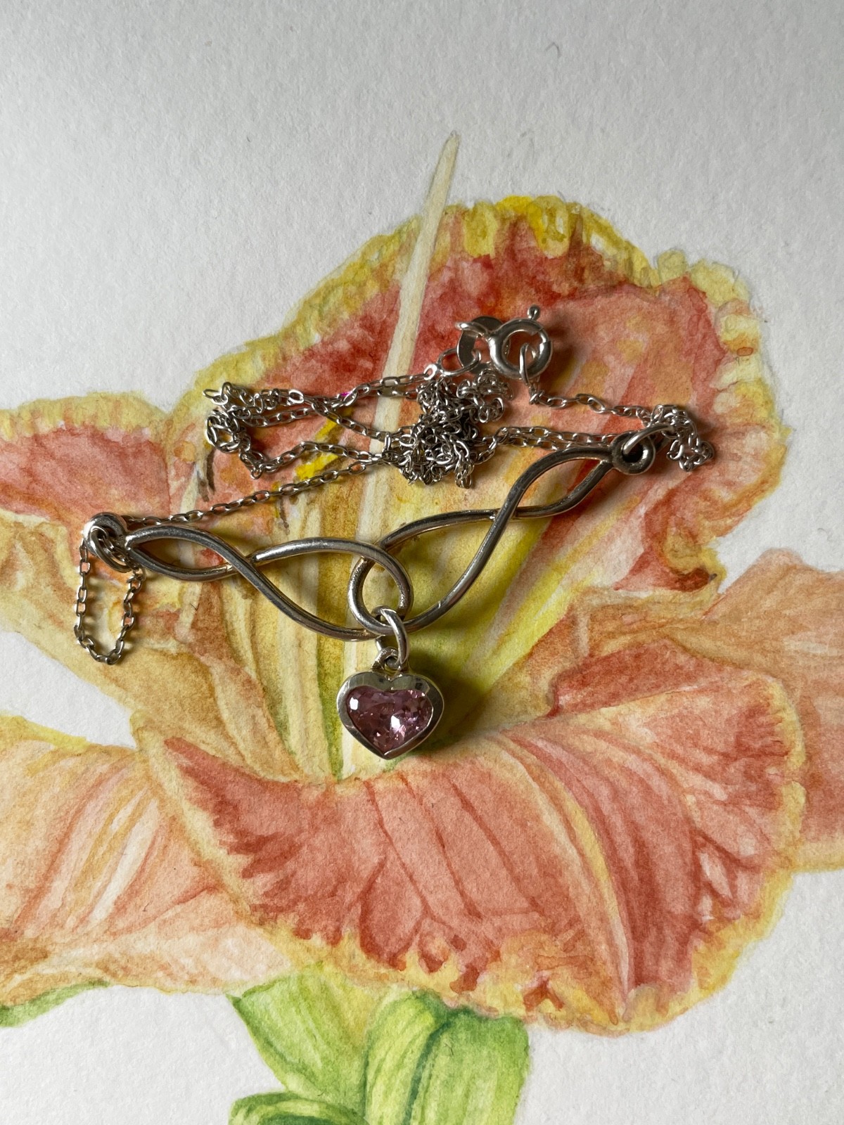 925 Sterling Silver Infinity Necklace Pink Heart Stone 40cm Celtic Inspired