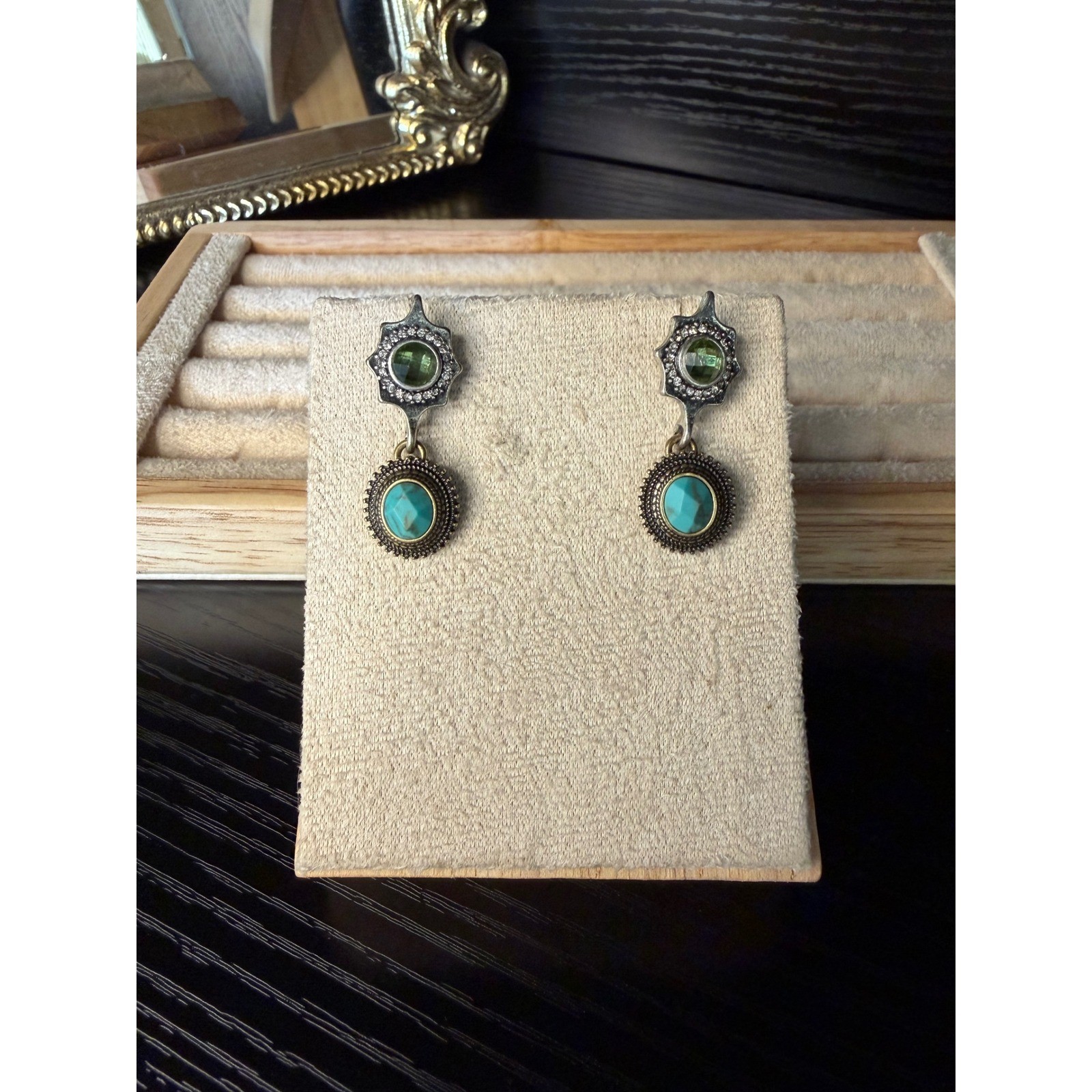 Bohemian Mixed Metal Turquoise Peridot Crystal Star Drop Earrings Post Back