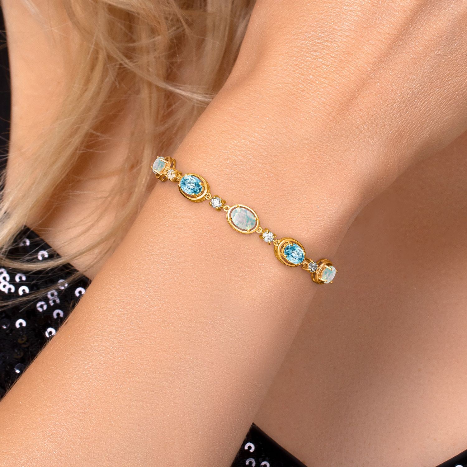 18K Yellow Gold Plated Silver Simulated White Opal, Blue Zircon and Lab Grown