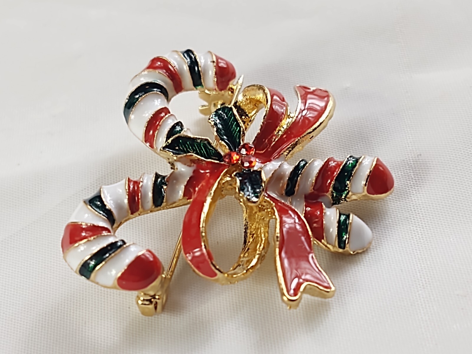 Christmas Holidays Double Candy Canes With Red Bow Brooch Pin Costume Jewelry