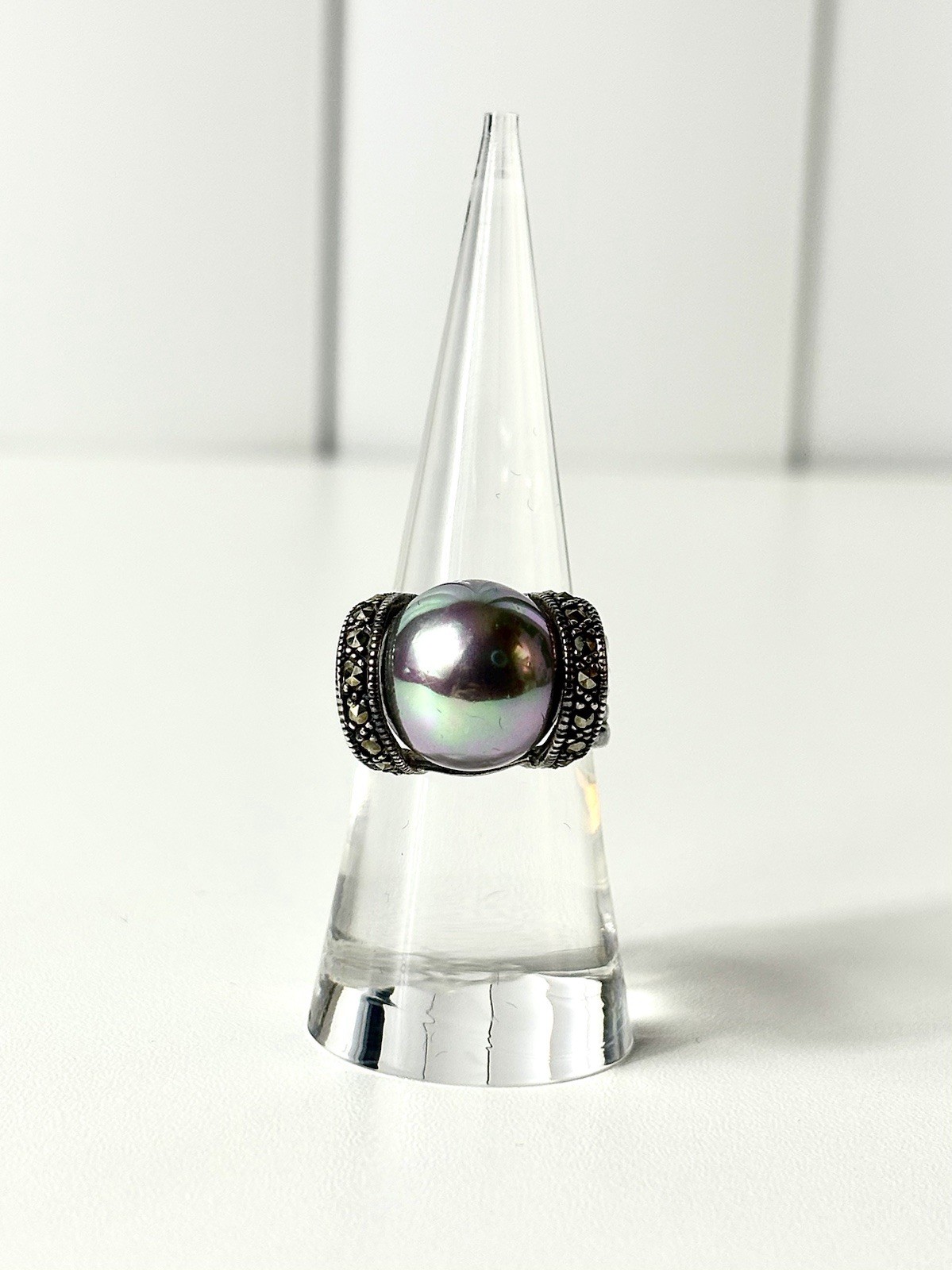 Vintage 925 Sterling Silver Faux Gray Pearl Ring, Size 6.75