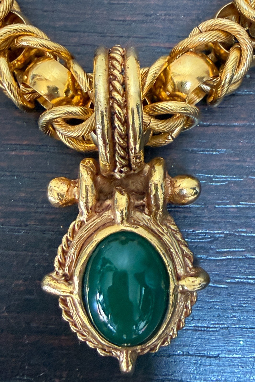 Vintage Bijoux VanWyk Gold Tone Necklace Green Cabochon Pendant Statement Signed