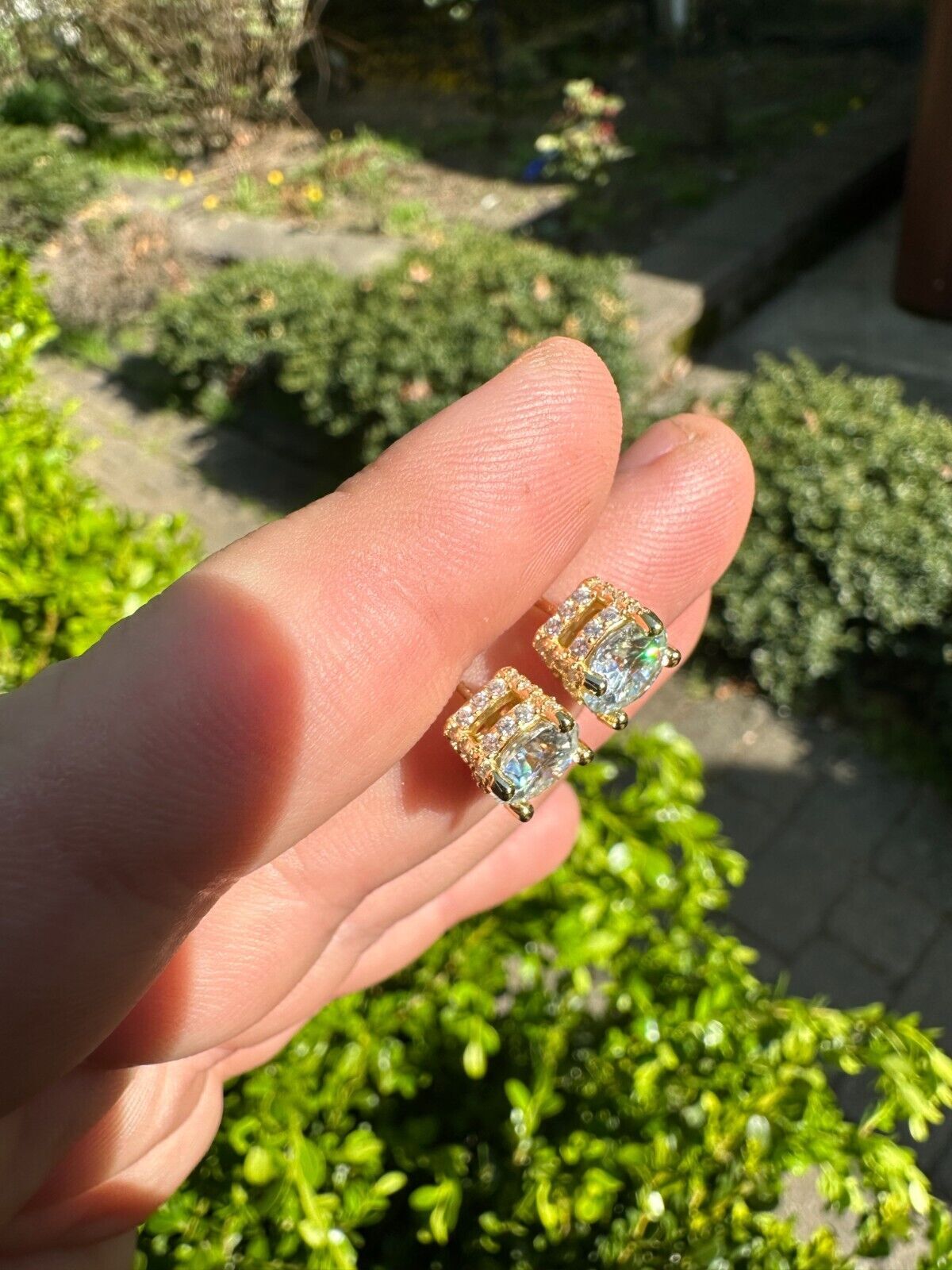 Moissanite 3D Iced Solitaire Screwback Stud Earrings Real 14k Gold Plated Silver