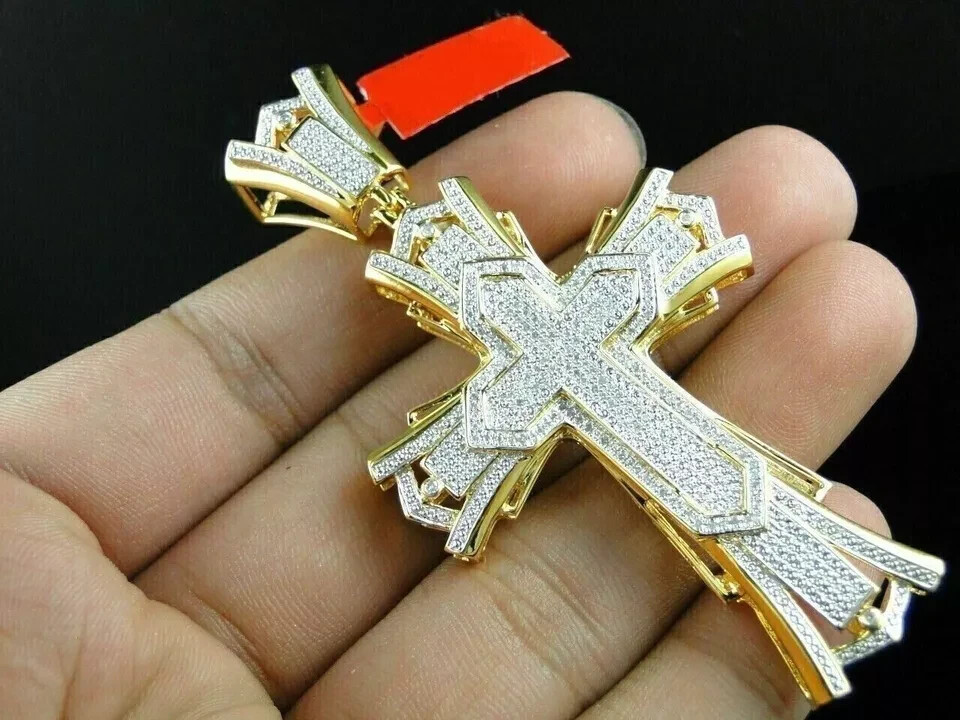 2.50Ct Round Cut Real Moissanite Men’s Cross Pendant 14K Yellow Gold Plated
