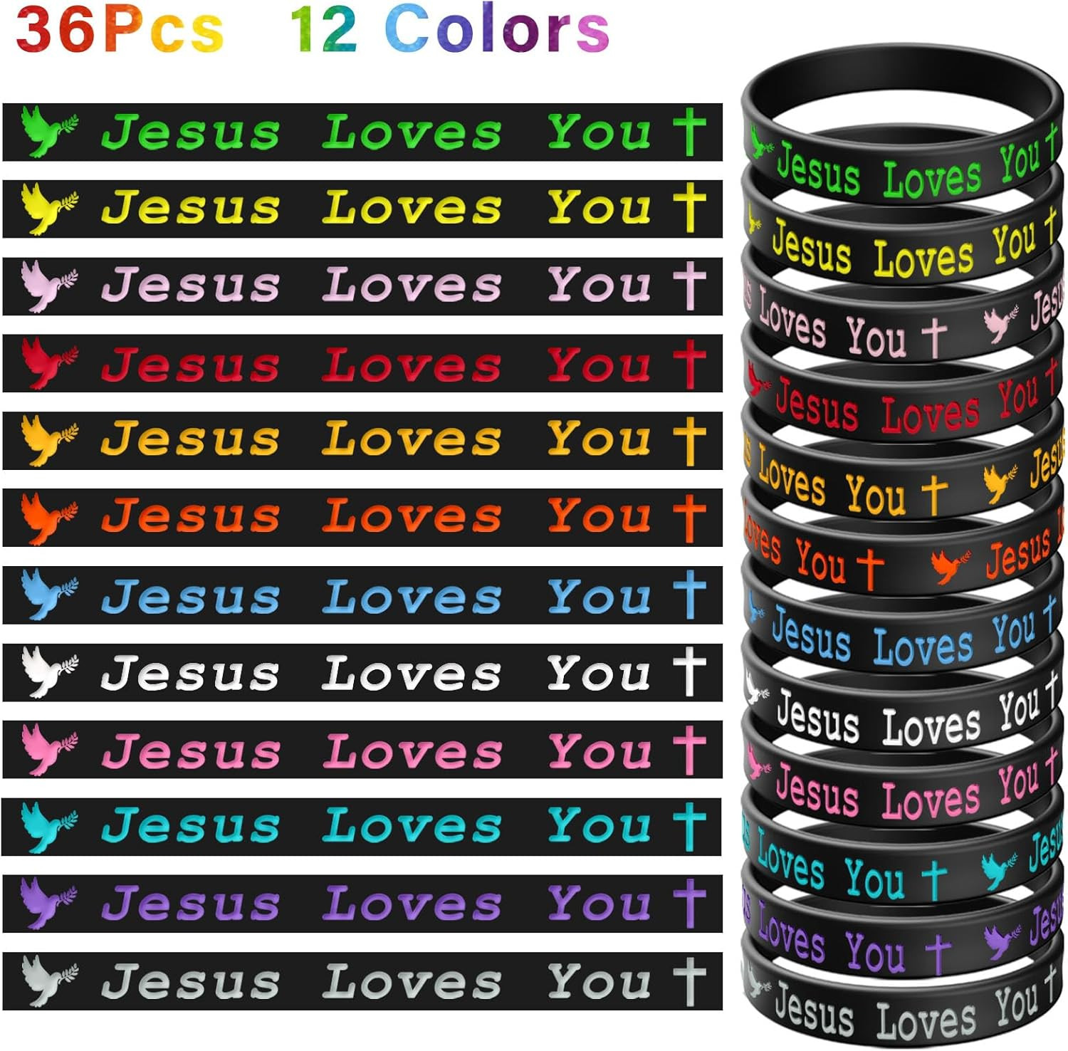 36 PCS Jesus Loves You Silicone Wristbands Colorful Rubber Bracelets Christian S