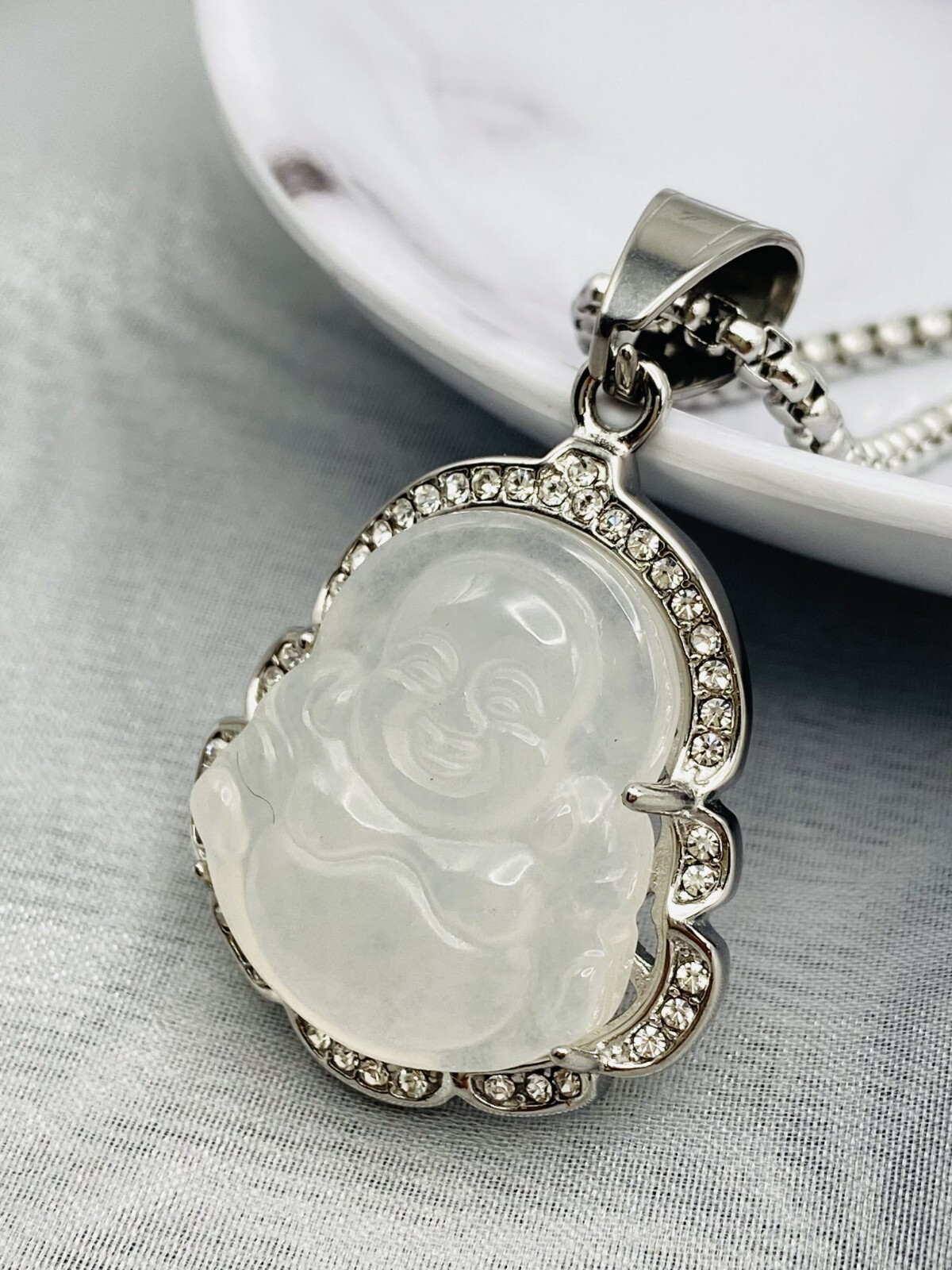 Jade Buddha Pendant Necklace 18K White Gold Plated Crystal Charm Hip Hop Chain
