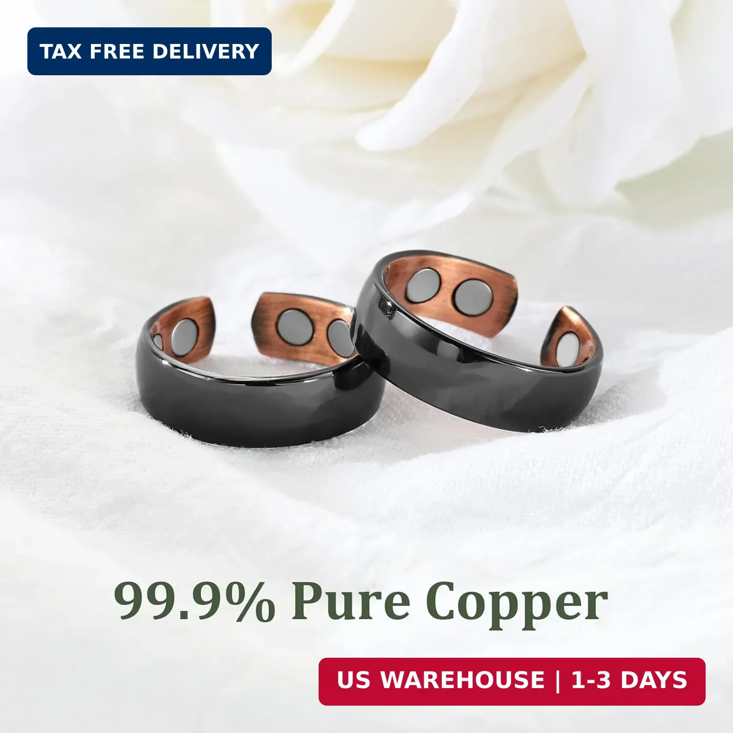 MagEnergy 2PCS Copper Rings for Men & Women, 99.9% Pure Copper Magnetic Adjustab