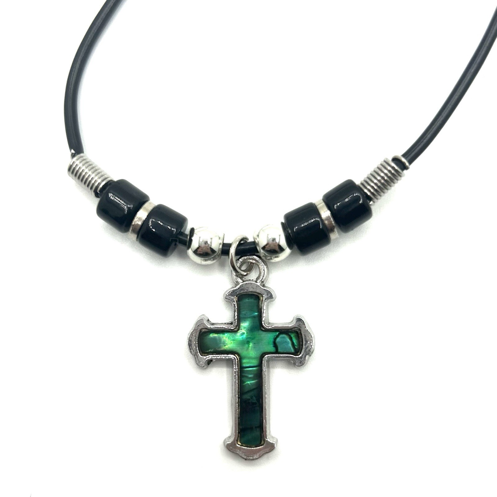 CROSS NECKLACE Green/Black/Silver on 18” Black Rubber Cord – BNWOT