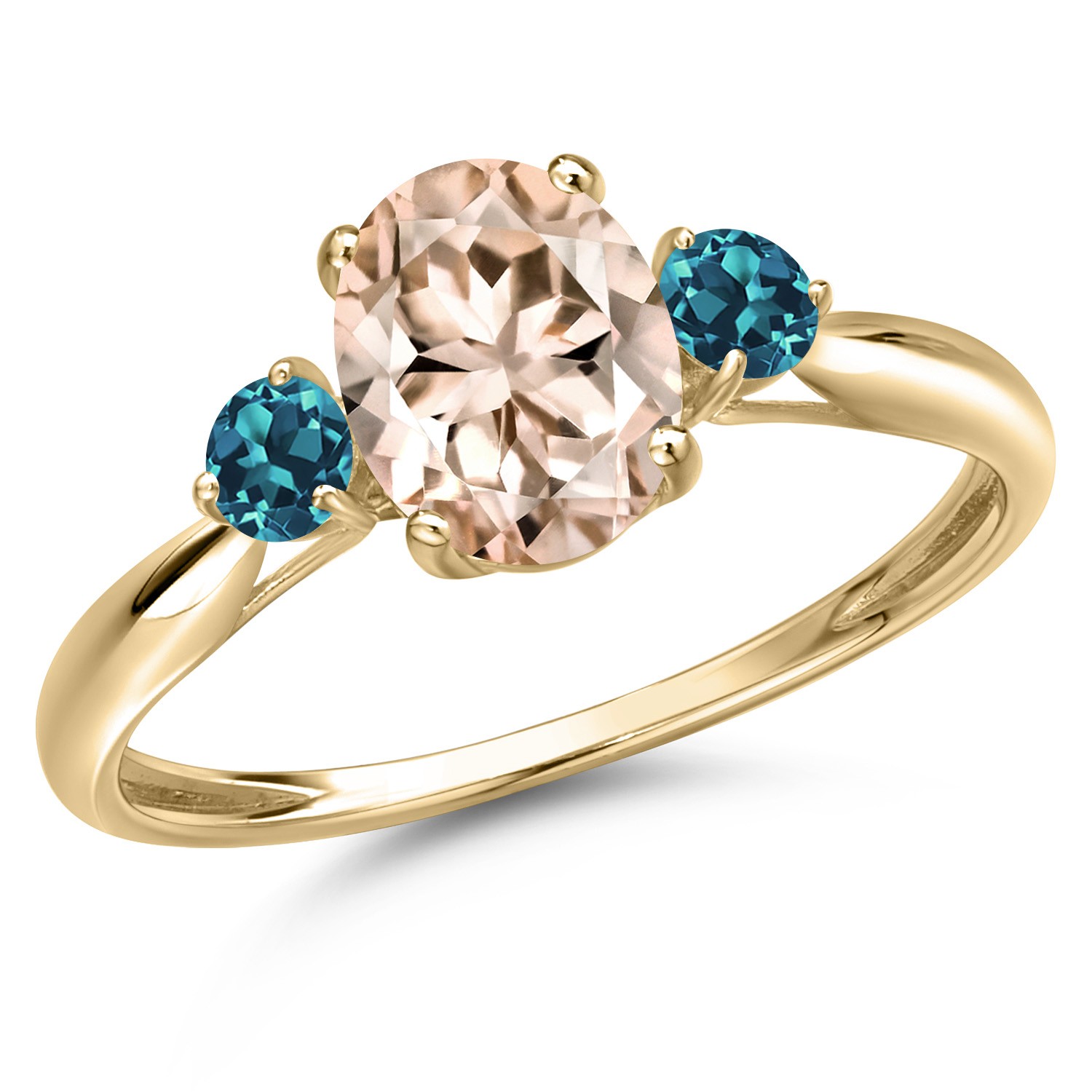 10K Yellow Gold Peach Morganite and London Blue Topaz 3-Stone Ring For Women |