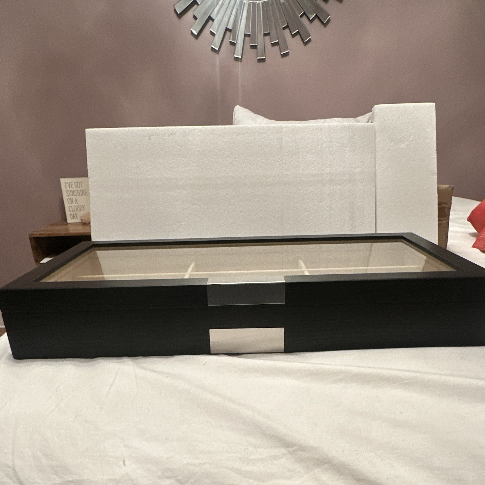 Black Wood Jewelry Box Glass Top Beige Lined 10 Slot Rectangle Display Case