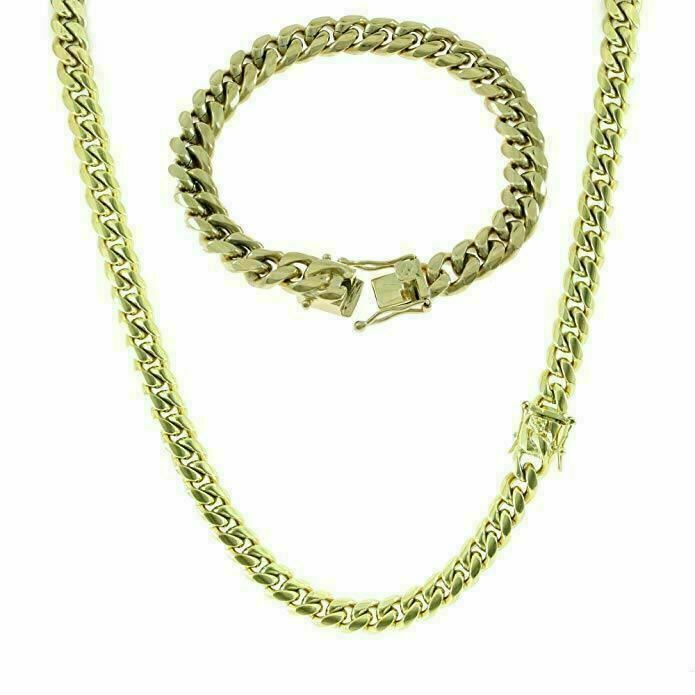Pulsera y Cadena Cubana Para Hombre 10mm Baño De Oro 14k Sobre Acero Inoxidable